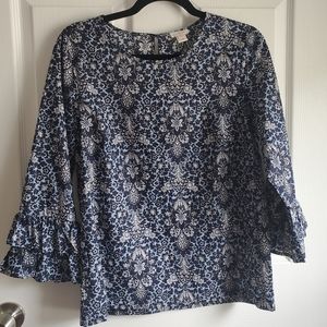 J. Crew 100% Cotton Navy Floral Pasiley Ruffle Top